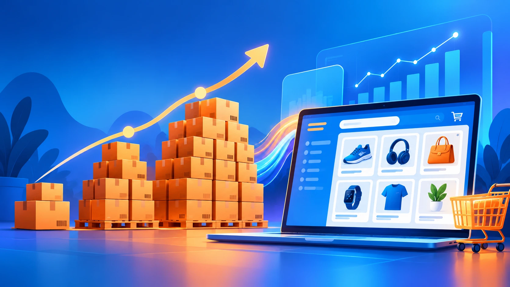 Growing Magento 2 product catalog shown as a rising stack of product boxes on a dashboard