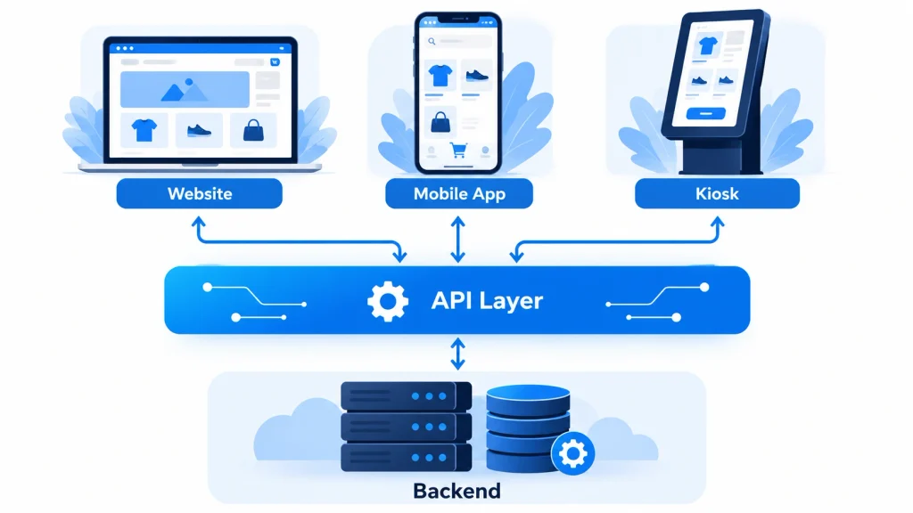  Headless architecture connecting a Magento 2 product catalog backend to web and mobile apps