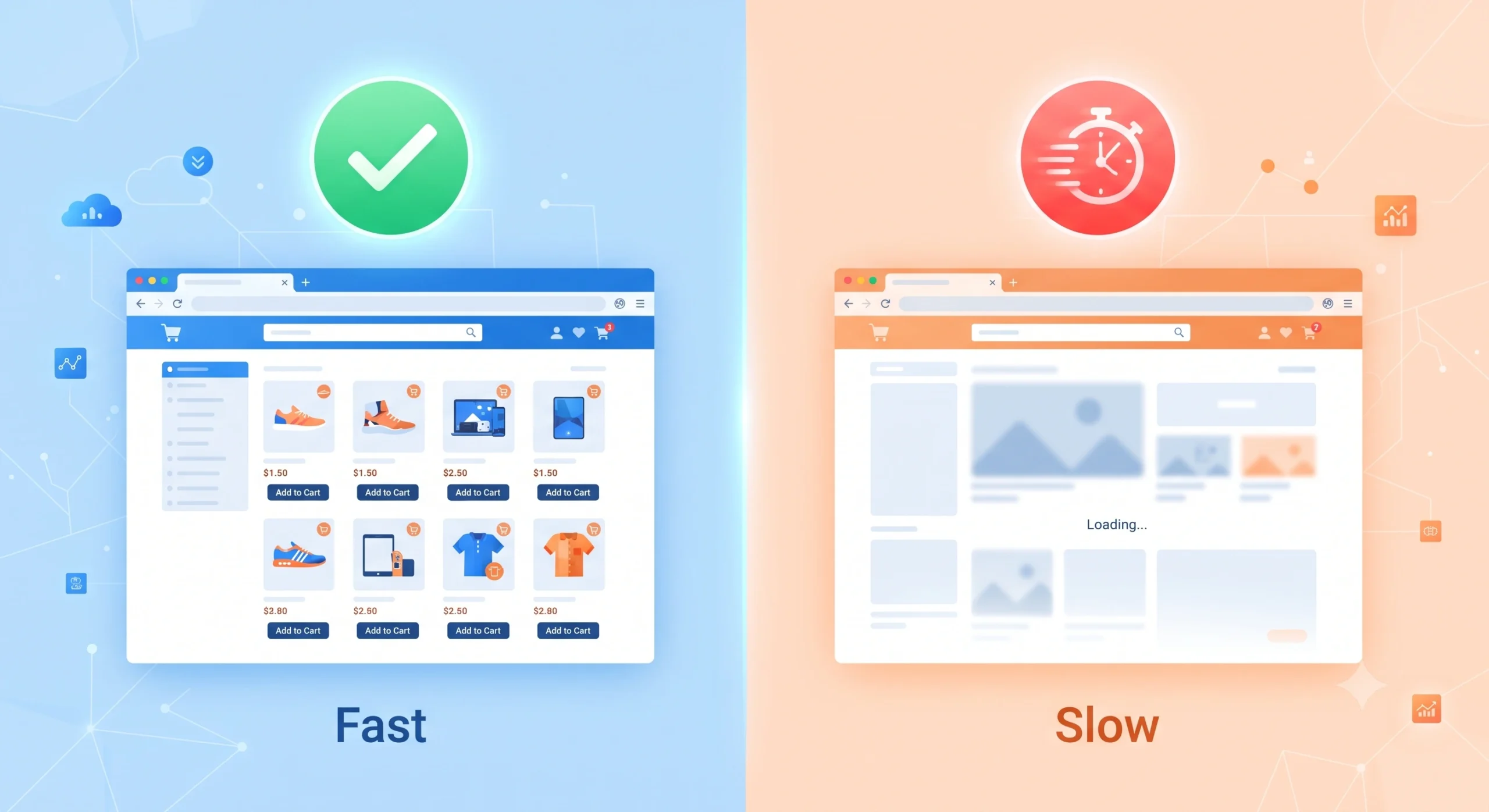Magento 2 speed comparison showing fast versus slow storefront loading
