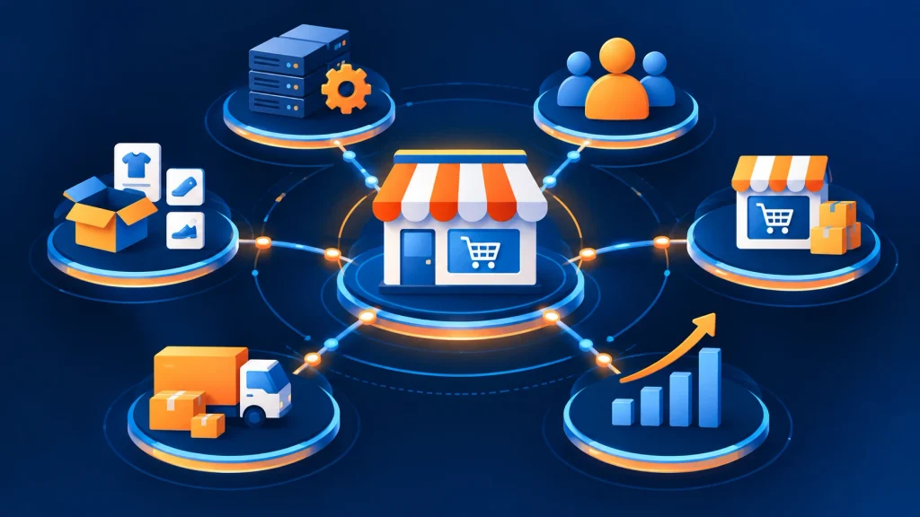 Integration map showing ERP, CRM, and warehouse systems connected to an online store
