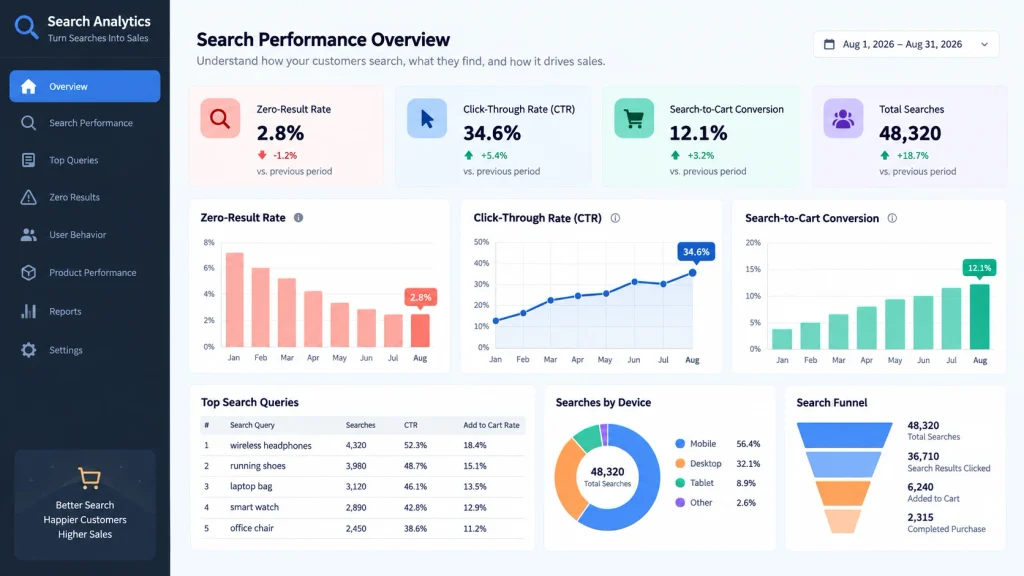 Magento search analytics dashboard tracking zero-result rate and conversion