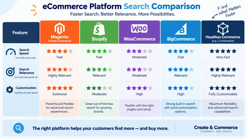  Search relevance compared across Magento, Shopify, WooCommerce, BigCommerce, and headless platforms