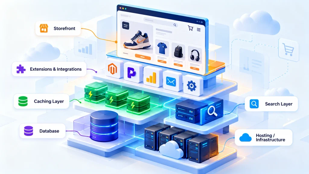 Diagram of Magento store architecture layers from hosting to storefront