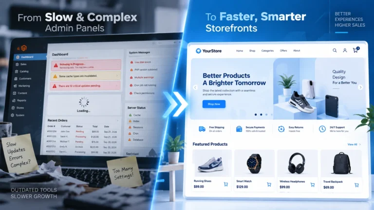 Magento store upgrade checklist showing old versus modern ecommerce dashboard