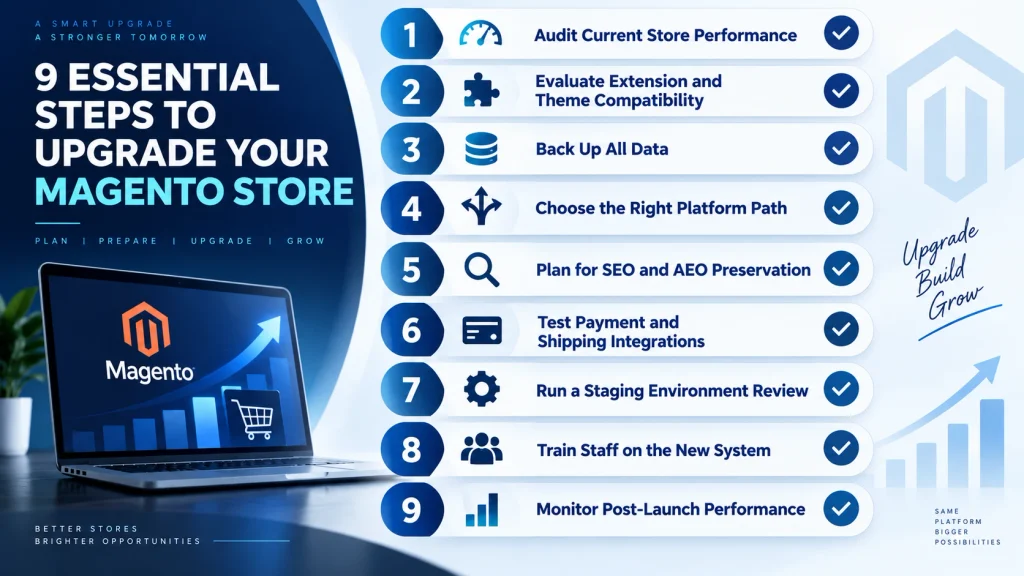 Nine step Magento store upgrade checklist graphic