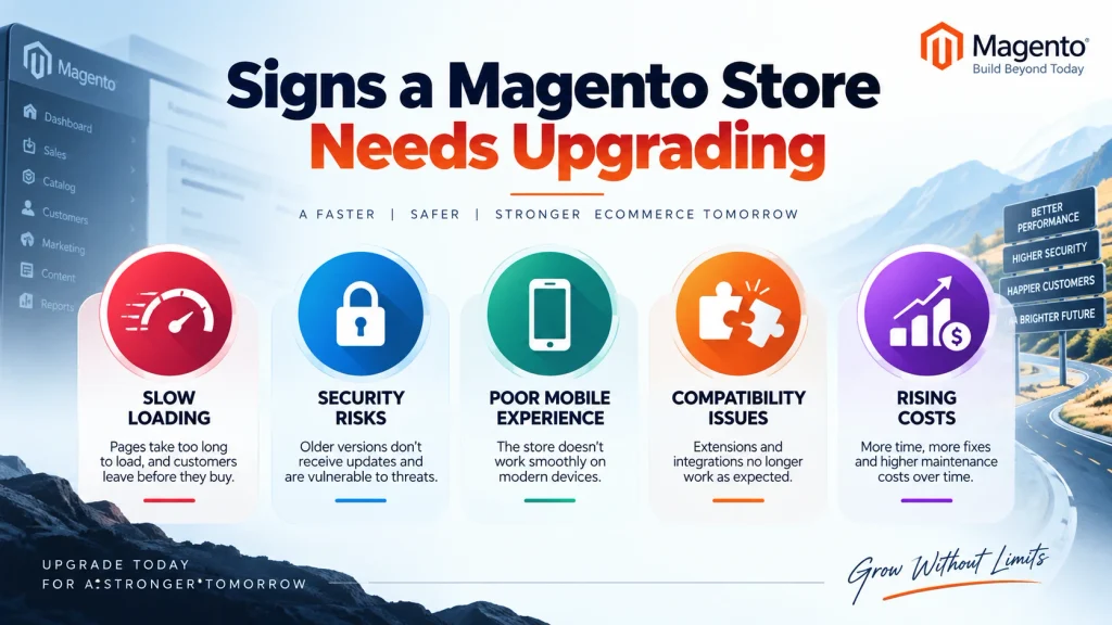 Magento store upgrade warning signs infographic