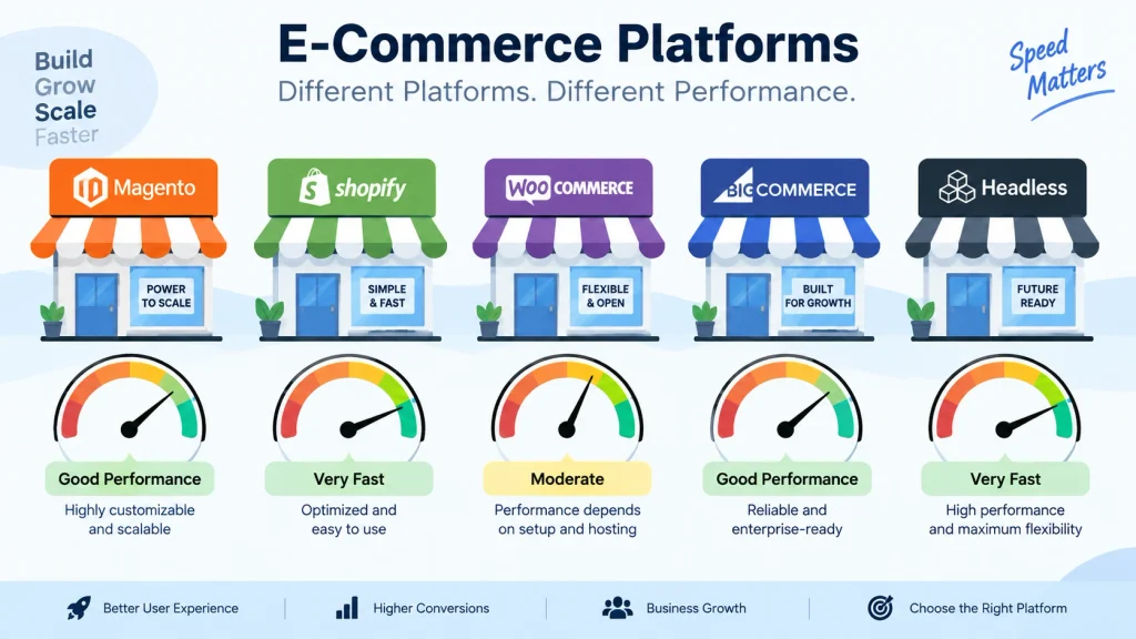 marketing tool performance cost compared across Magento Shopify WooCommerce BigCommerce and headless commerce