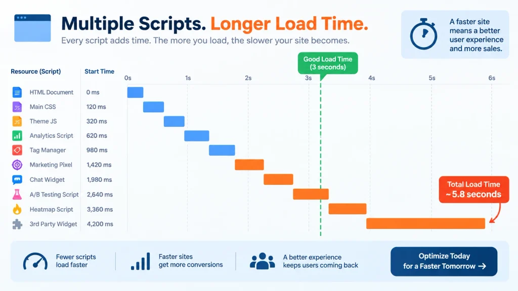 waterfall chart showing marketing tool performance cost from stacked scripts