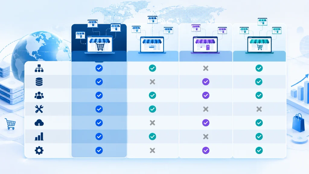 Comparison table of Adobe multi architecture versus Shopify WooCommerce BigCommerce