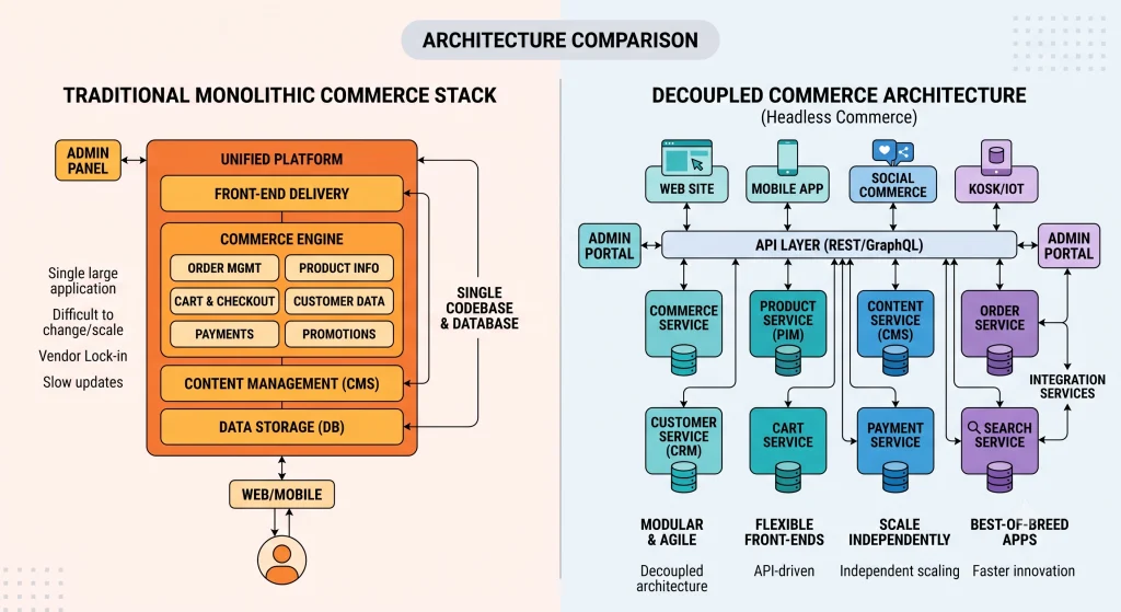 traditional commerce architecture compared to a headless commerce platform architecture diagram