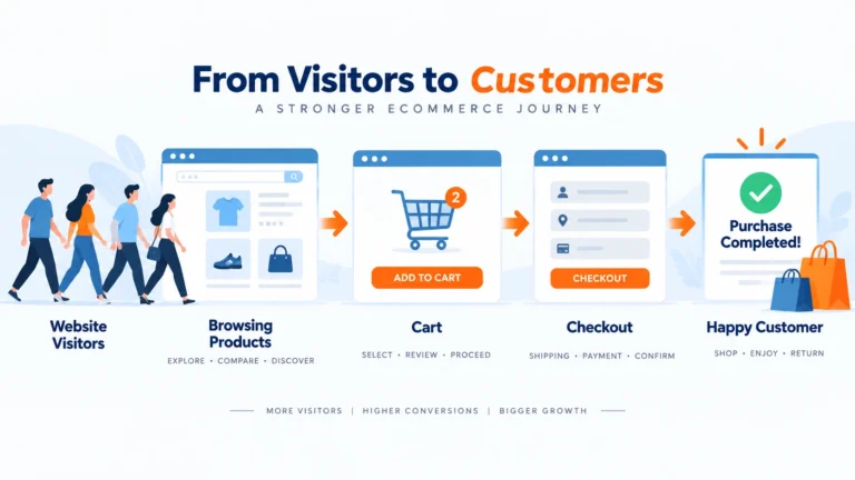 Illustration showing how eCommerce businesses turn visitors into customers through the shopping funnel