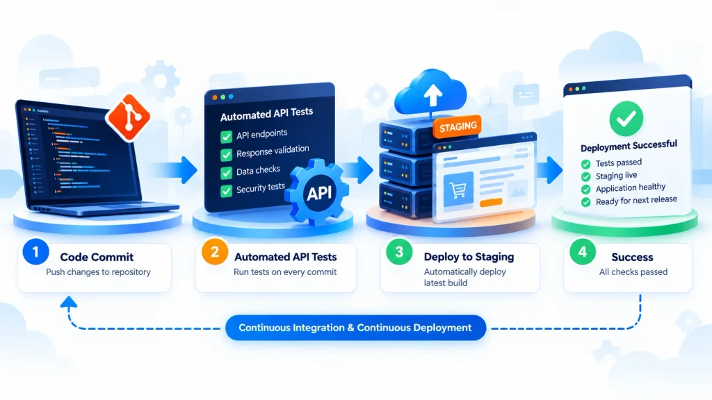CI/CD pipeline running automated API tests before an Adobe Commerce deployment