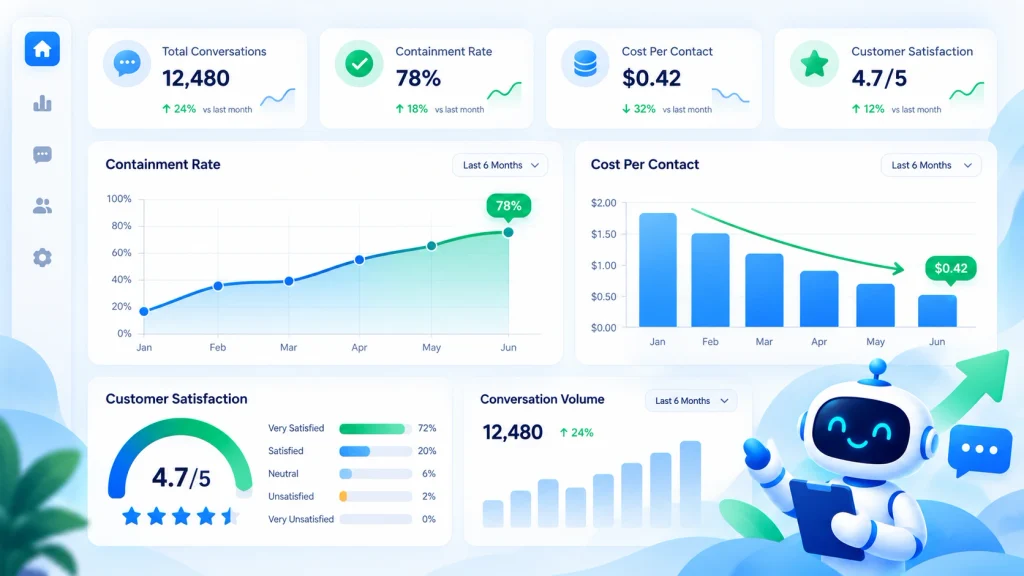 Dashboard displaying return on investment, resolution rates, service costs and customer satisfaction metrics