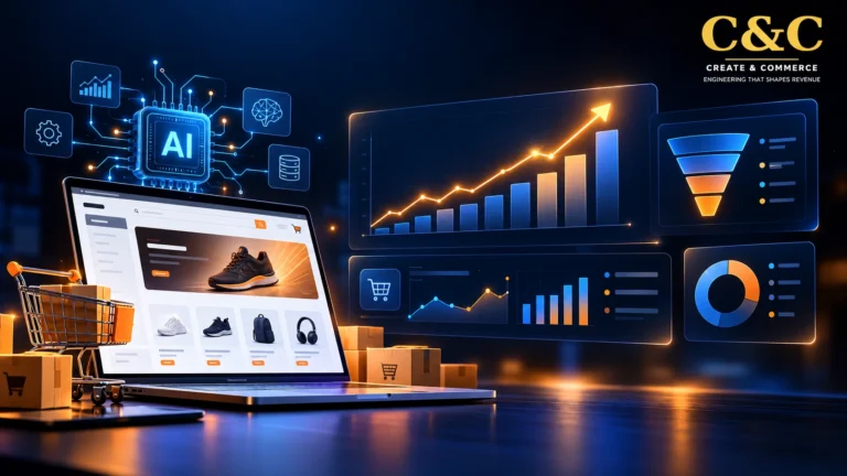 AI implementation ROI in eCommerce dashboard showing revenue growth and conversion metrics