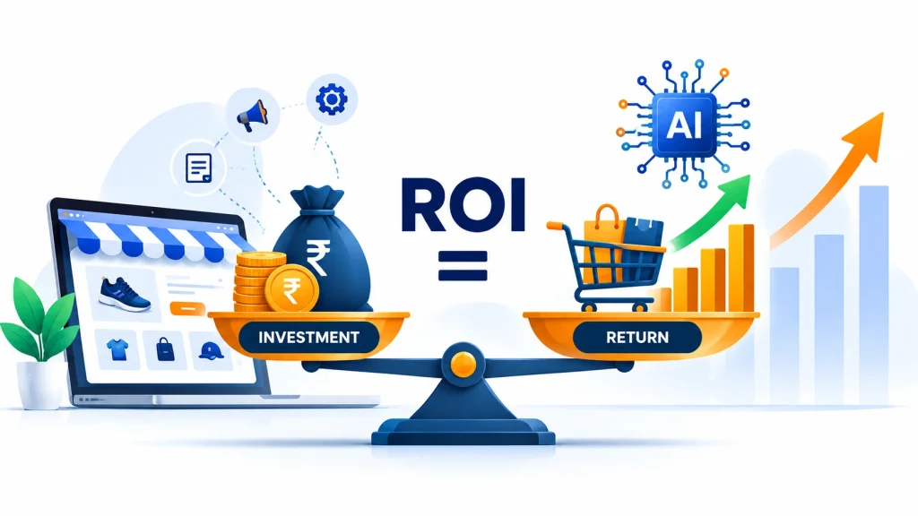 AI implementation ROI formula comparing total investment and total return for an eCommerce store
