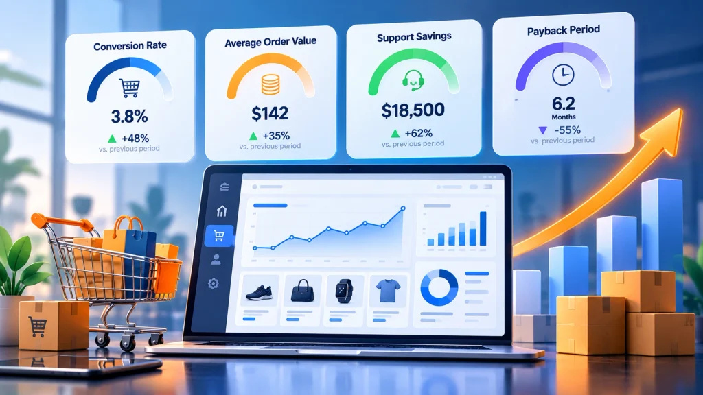 eCommerce scorecard tracking conversion rates, order value, cost savings, and payback period