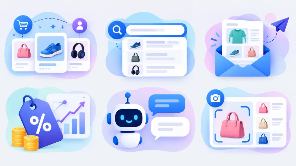 Key use cases of AI personalization in eCommerce including recommendations, search and chatbots