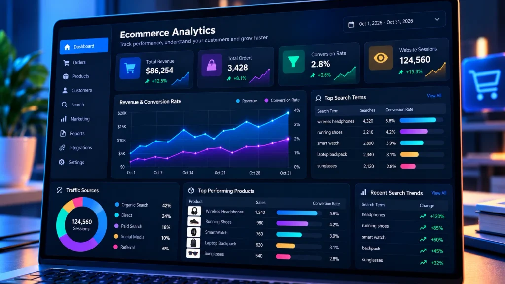 Analytics dashboard tracking conversion rates, revenue metrics, and top search queries.