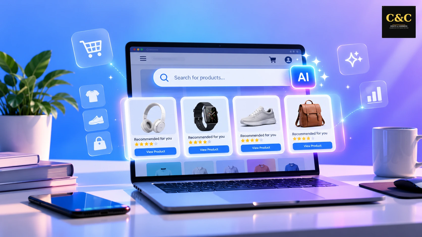AI-powered ecommerce search interface showing smart product results on a laptop