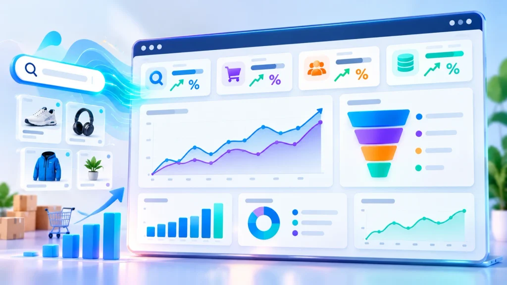 Analytics dashboard tracking product search conversions and zero-result rates