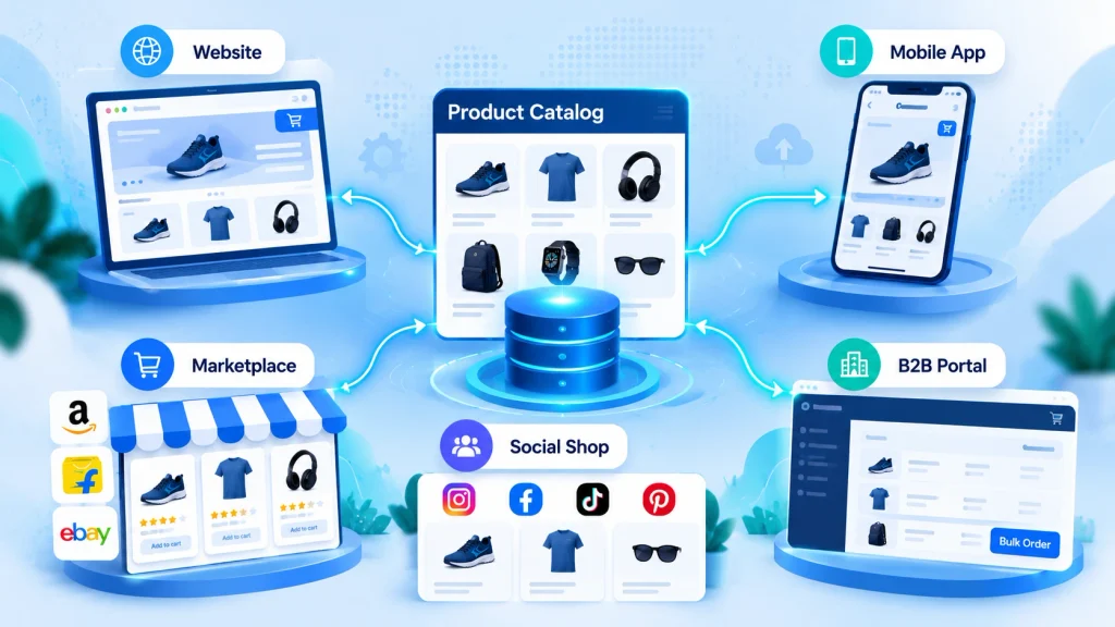 AI product data enrichment feeding consistent data to multiple sales channels