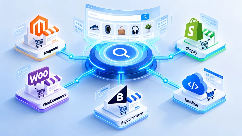 Ecommerce search integration across Magento, Shopify, WooCommerce, BigCommerce, and headless stores