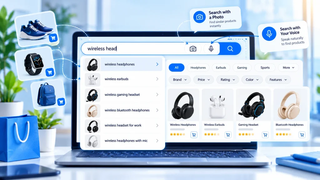 AI-powered search features including autocomplete, visual search, voice search and dynamic filters
