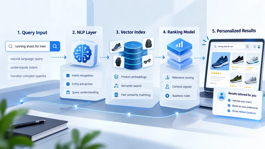Architecture diagram of AI-powered search with NLP, vector index and ranking