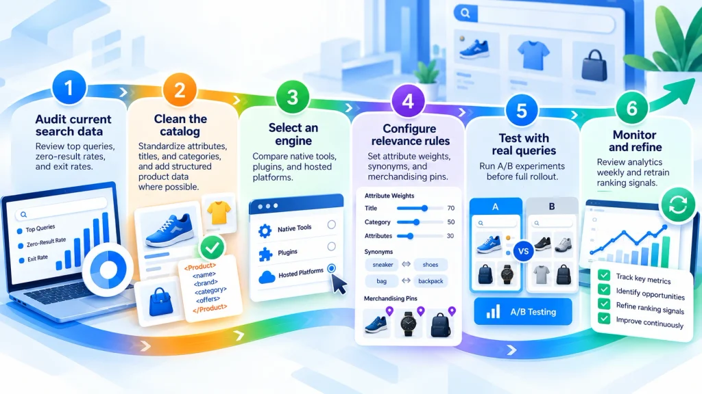 Ecommerce search implementation roadmap with audit, catalog cleanup, testing, and monitoring