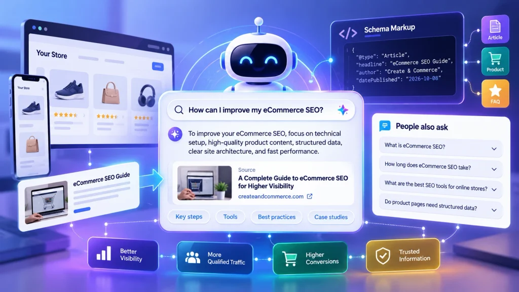 Illustration of an AI search interface with content and visibility indicators