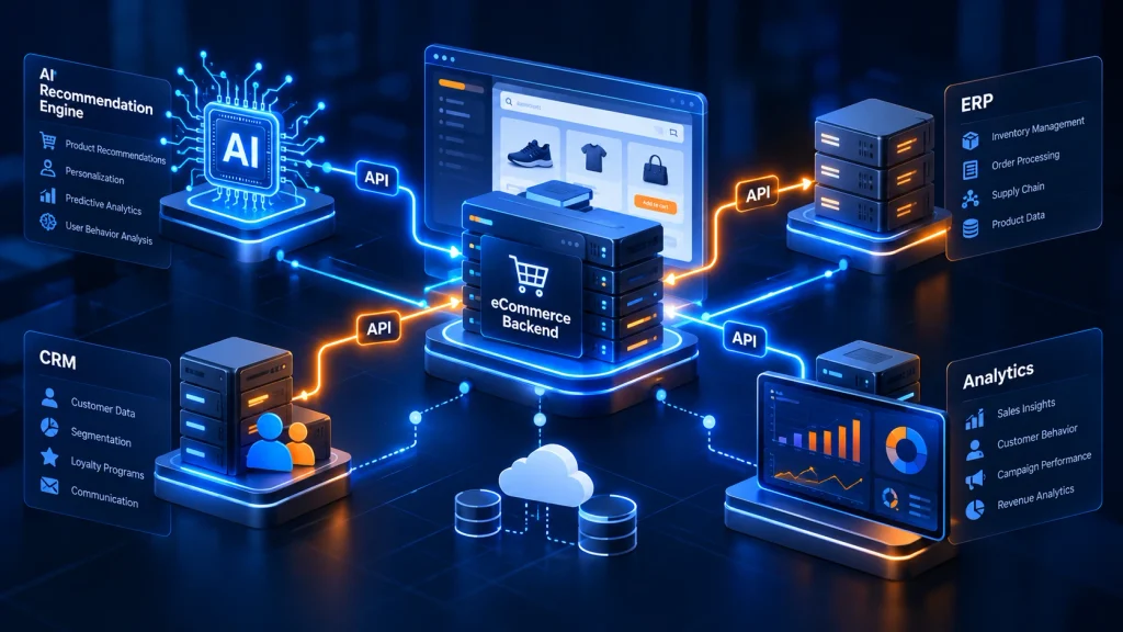 eCommerce backend and API integration connecting business systems and analytics tools