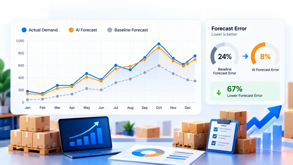 Forecast accuracy chart comparing baseline and AI in eCommerce demand forecasting results