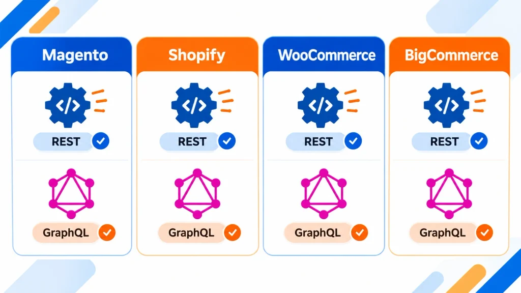 eCommerce platform API comparison showing Magento, Shopify, WooCommerce, and BigCommerce.