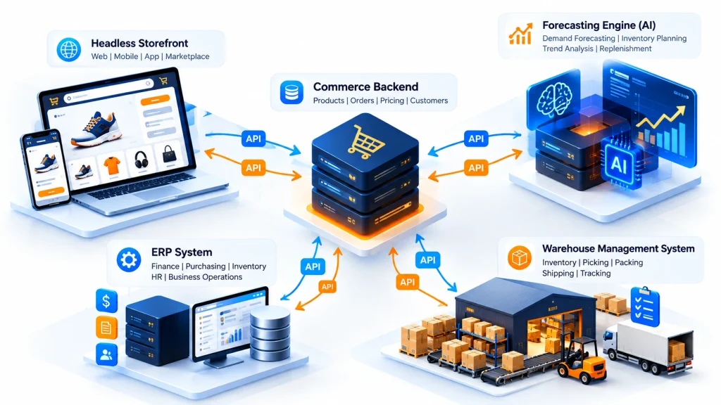 Ecommerce backend and API integration architecture supporting AI in eCommerce demand forecasting