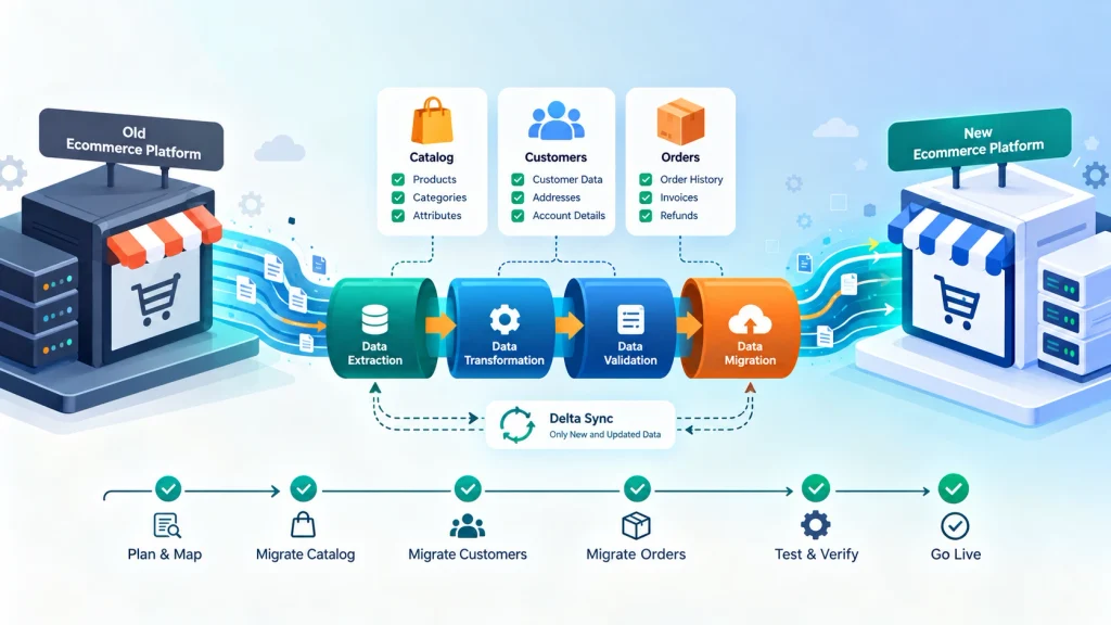 Ecommerce platform migration with staged data synchronization