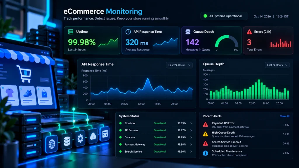 Monitoring dashboard for ecommerce backend development reliability and performance