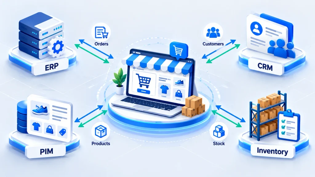 ERP CRM PIM and inventory systems linked by eCommerce API integration services