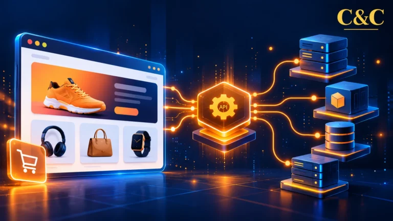 Headless commerce readiness shown as a storefront connected to scalable APIs