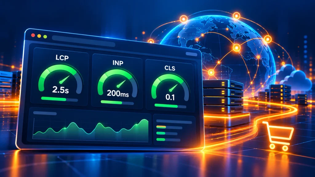 Core Web Vitals gauges showing headless commerce readiness and ecommerce performance optimization