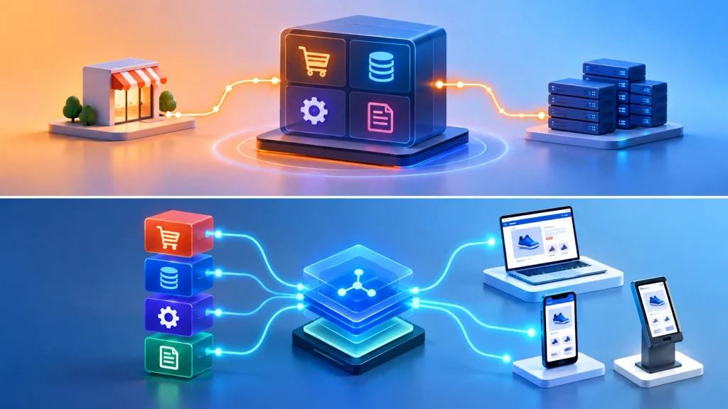 Page speed gauge comparing headless commerce vs traditional commerce stores