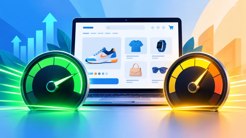 Page speed gauge comparing headless commerce vs traditional commerce stores