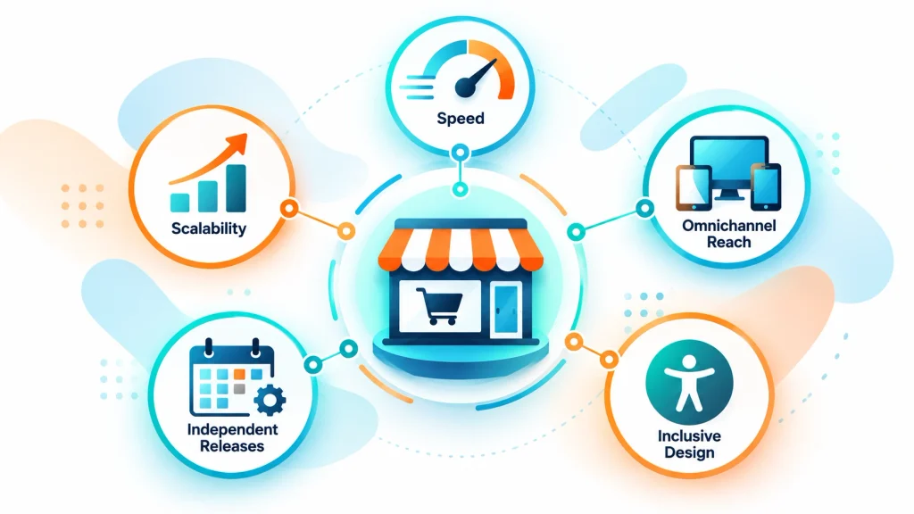 Benefits of headless ecommerce architecture including speed, scalability, and omnichannel reach