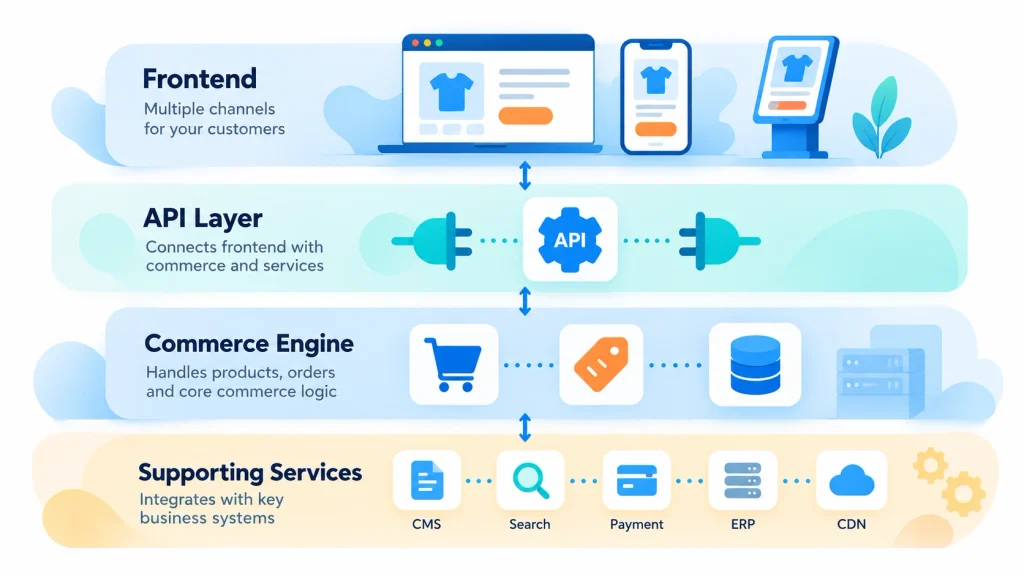 Headless ecommerce architecture layers: frontend, API layer, ecommerce backend, and supporting services