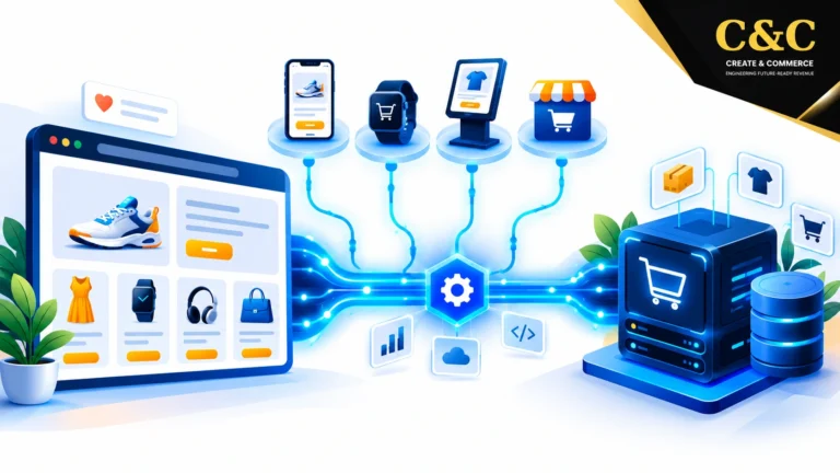 Headless ecommerce architecture overview showing a storefront connected to a backend through APIs