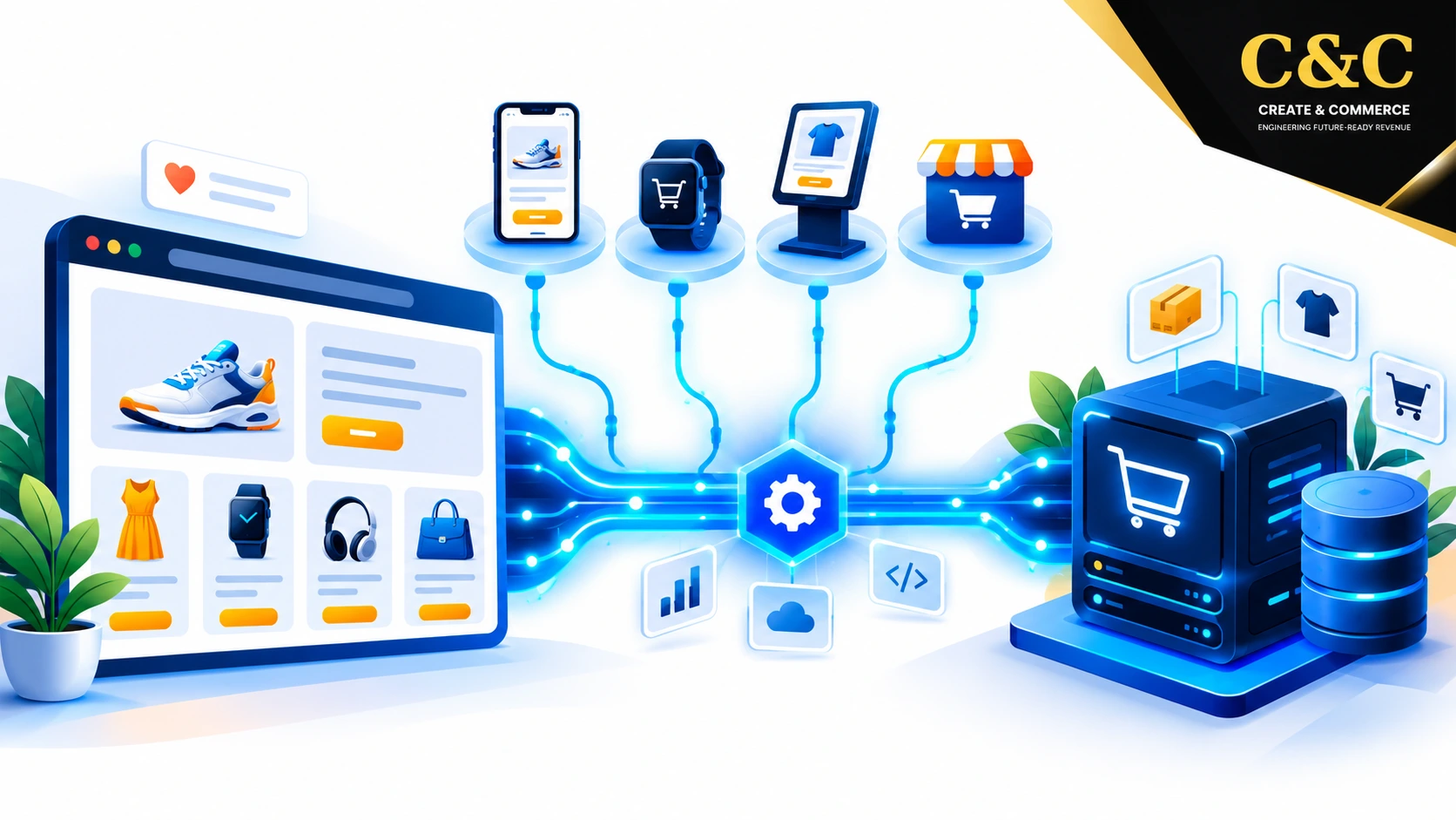 Headless ecommerce architecture overview showing a storefront connected to a backend through APIs