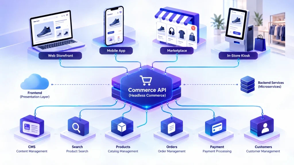 Headless ecommerce development architecture with API-connected channels