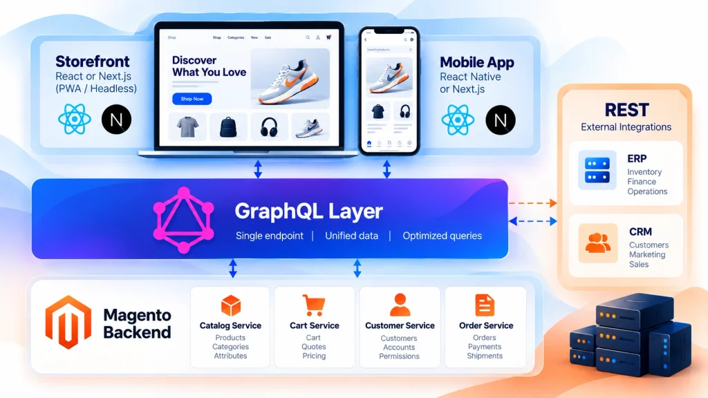 Headless ecommerce development architecture using Magento GraphQL vs REST API