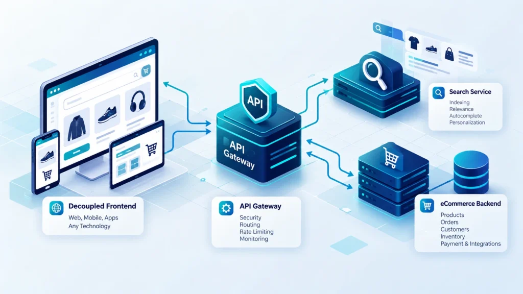 Headless ecommerce architecture with an API layer, search service, backend, and storefront.