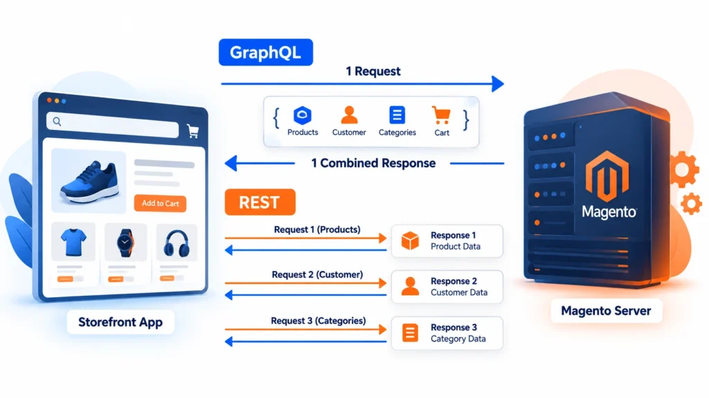 Request flow diagram showing Magento GraphQL vs REST API data exchange